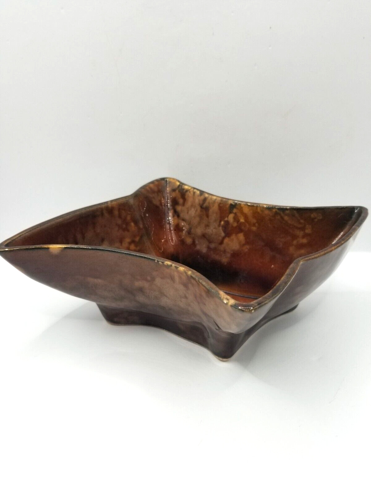 CA Pottery Vtg. Covina Pottery 931USA Brown Tortoise Shell Splatter Wave Planter