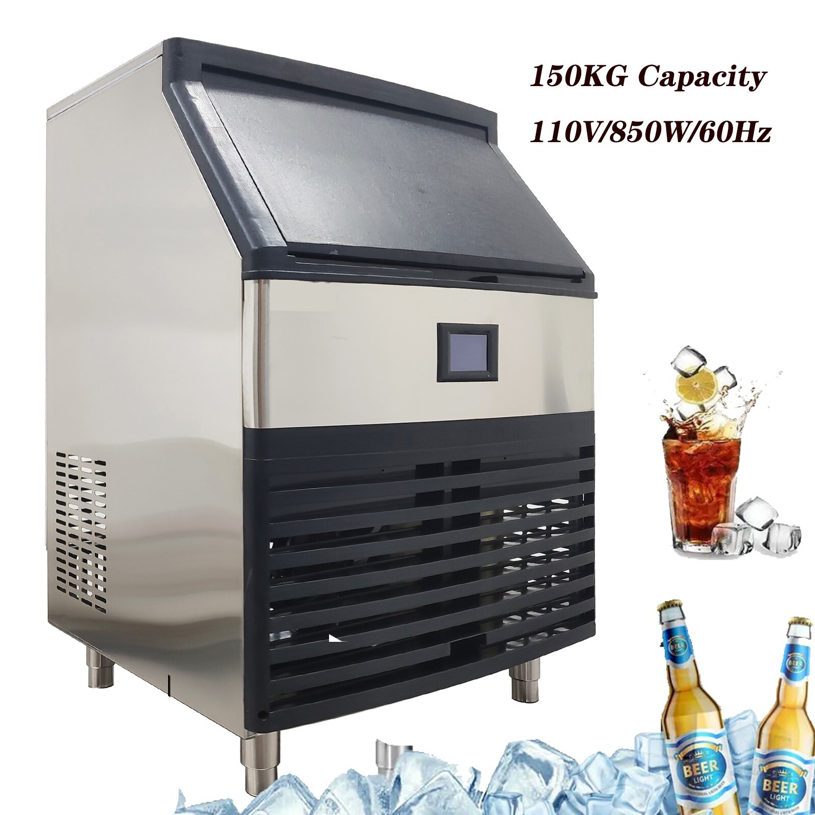 24h Commercial Ice Maker 150KG Water Cooled Ice Cube Machine w/Water Filter 110V