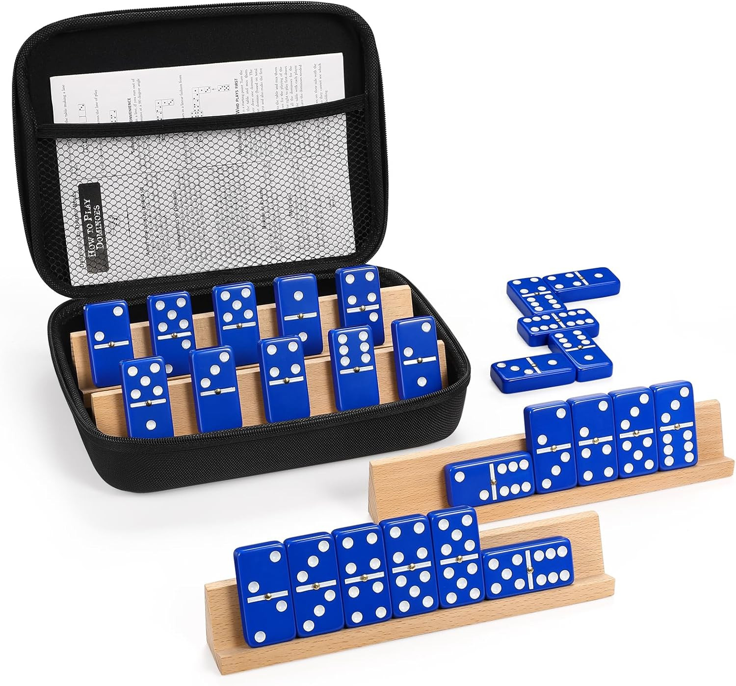 Dominoes Set for Adults with 4 Wooden Racks/Trays, Double Six Travel Portable Ca
