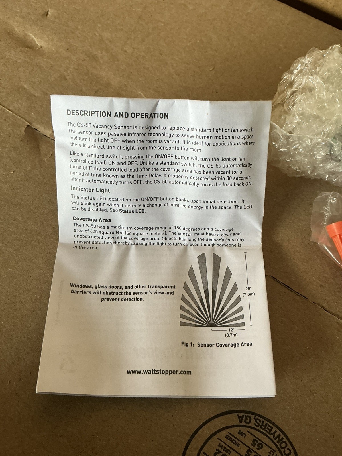 CS-50-W Legrand Wattstopper PIR Vacancy Sensor