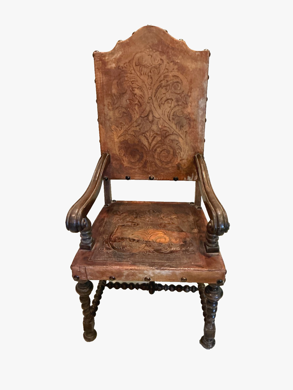 Antique Spanish Revival Leather Armchair Tooled Seat Barley Twist Legs