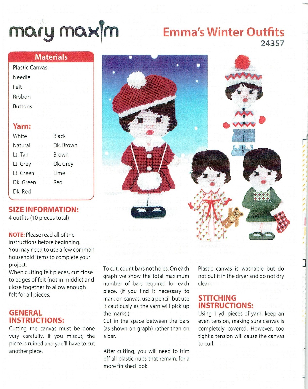EMMA'S WINTER OUTFITS  7ct plastic canvas  PATTERN  (#TF0245)