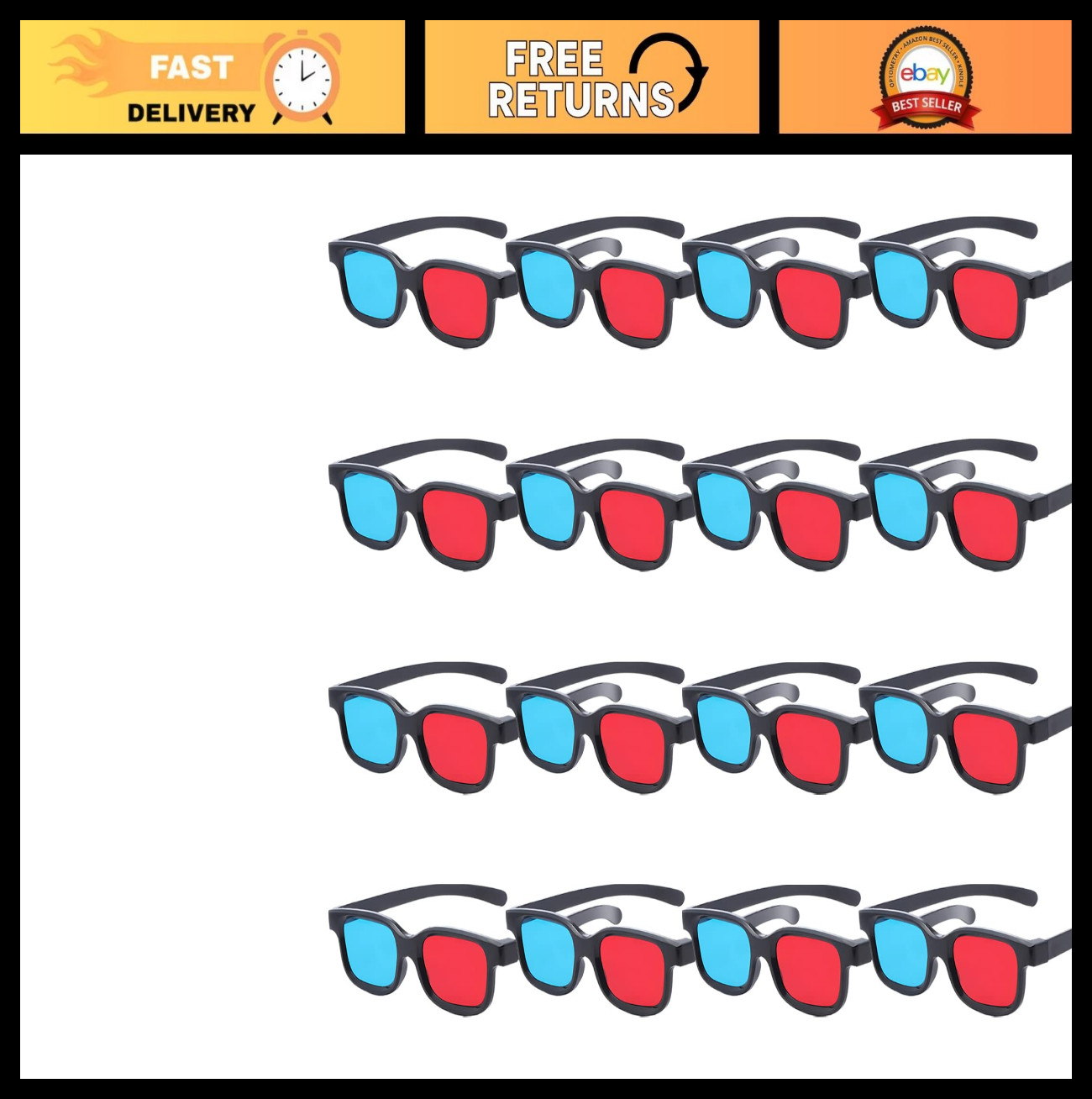3D Viewing Glasses - Red-Blue 16pcs for Movies, Games & Photos - Compatible with