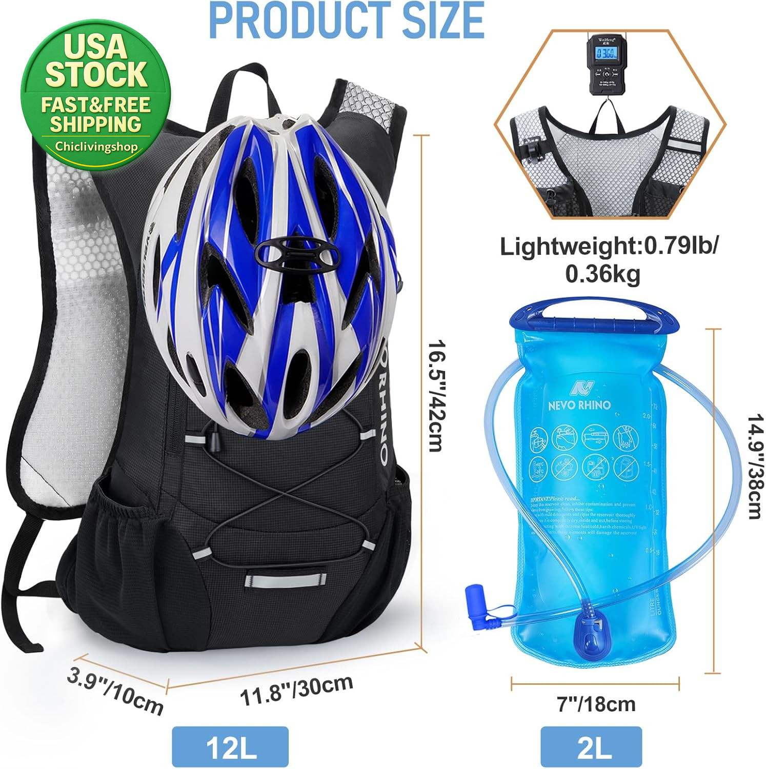 Lightweight Hydration Backpack 2L Water Bladder Cycling Hiking Daypack Black
