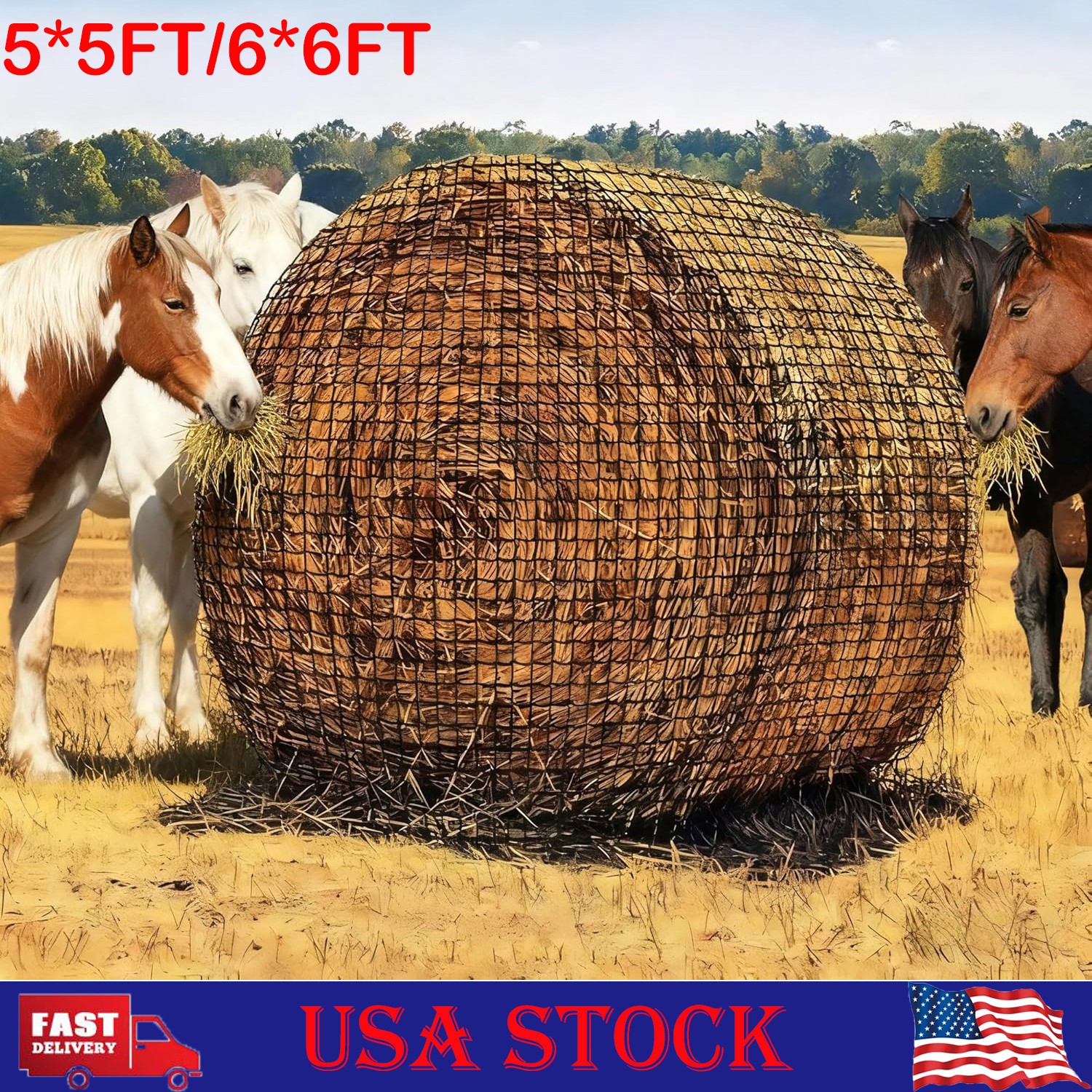 Round Bale Hay Net for Horses & Livestock 5x5ft/6x6ft Knotless Nylon Slow Feeder