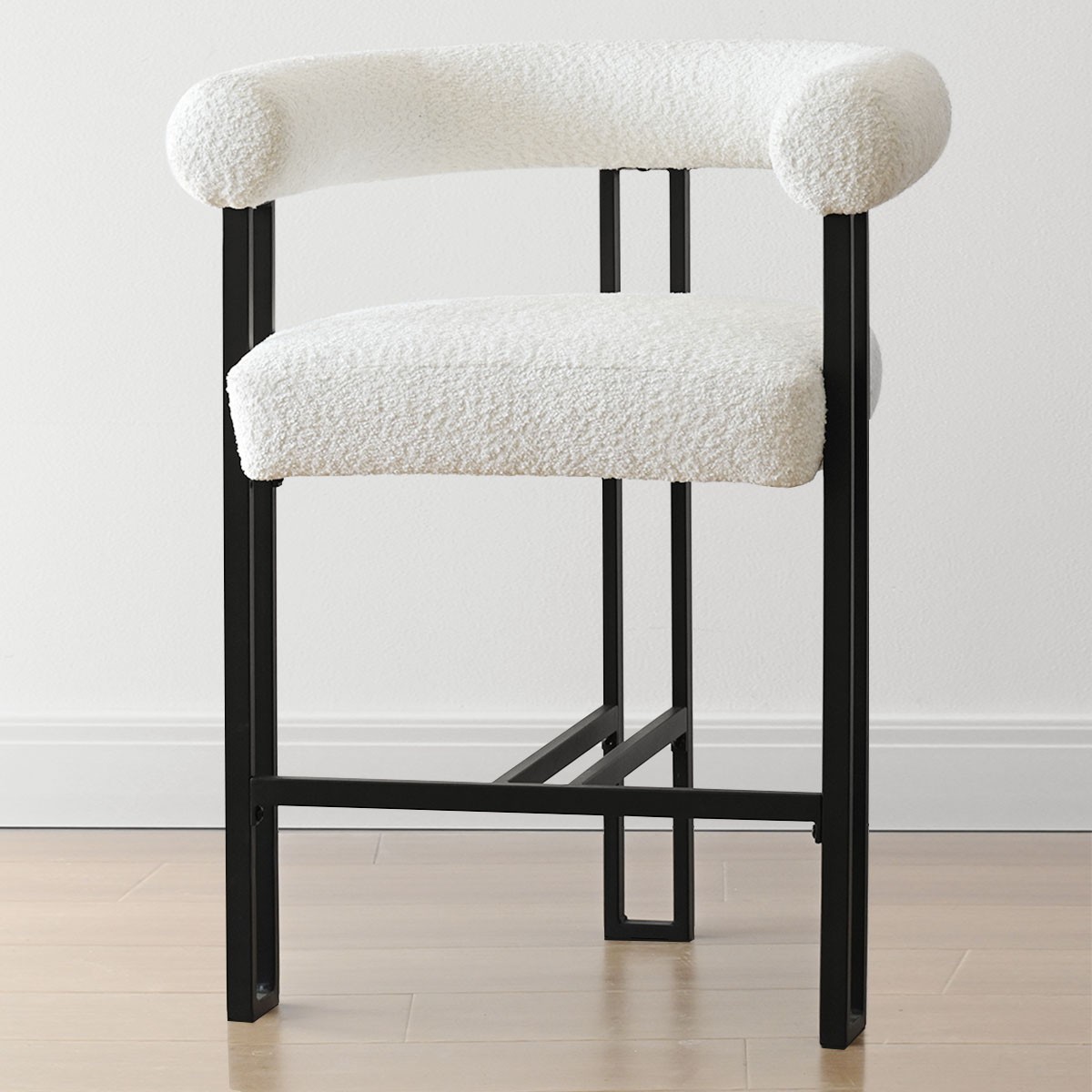 2 Pack Boucle Counter Height Bar Stools Thick Armrest Metal Frame Dining Chairs