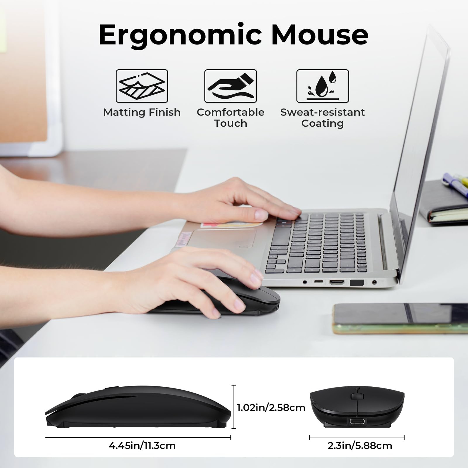 Black Rechargeable USB C Mouse Type C Wireless Mice Portable Optical Quiet Click