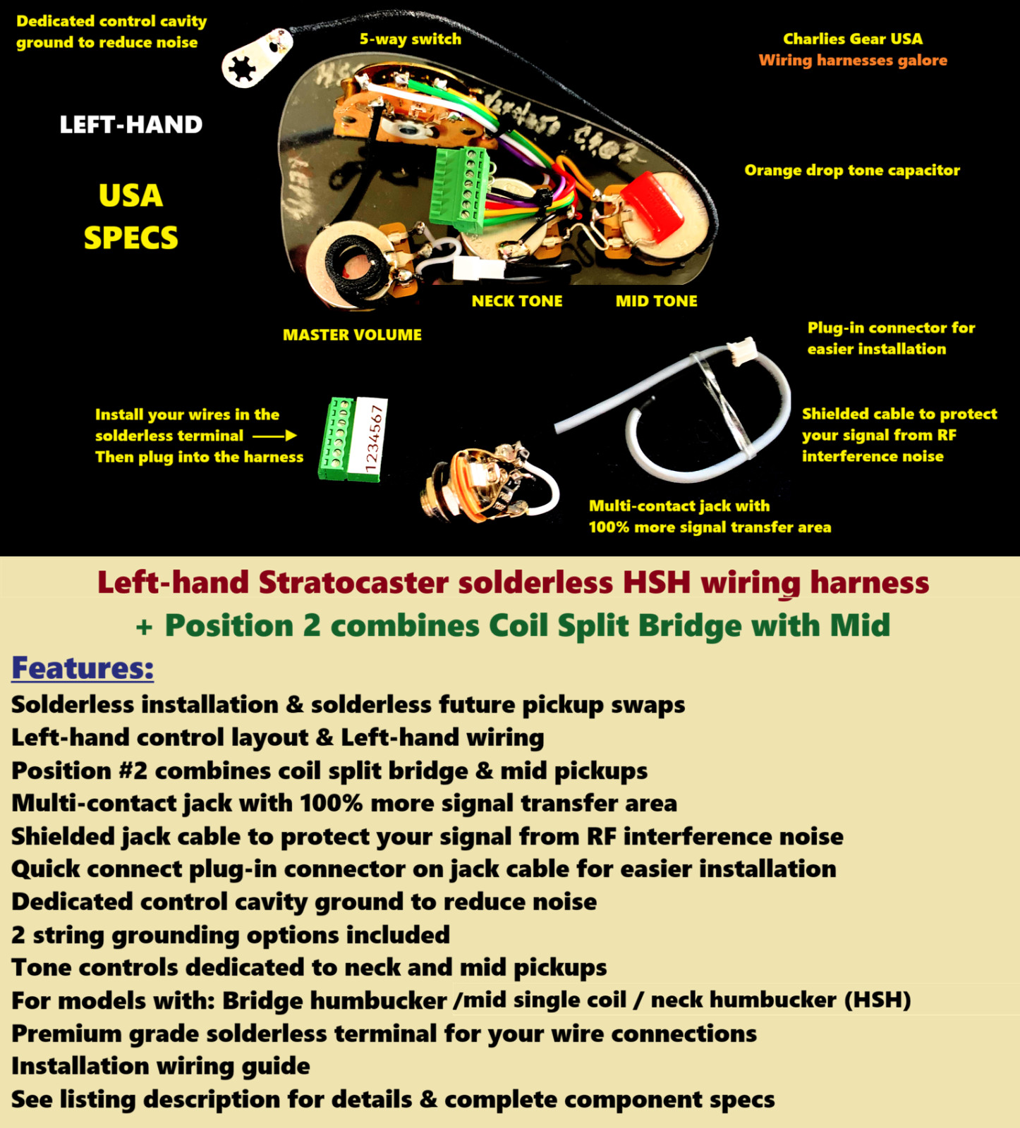 LEFTY Fender HSH Stratocaster Solderless wiring upgrade - Custom Caps/Coil Split