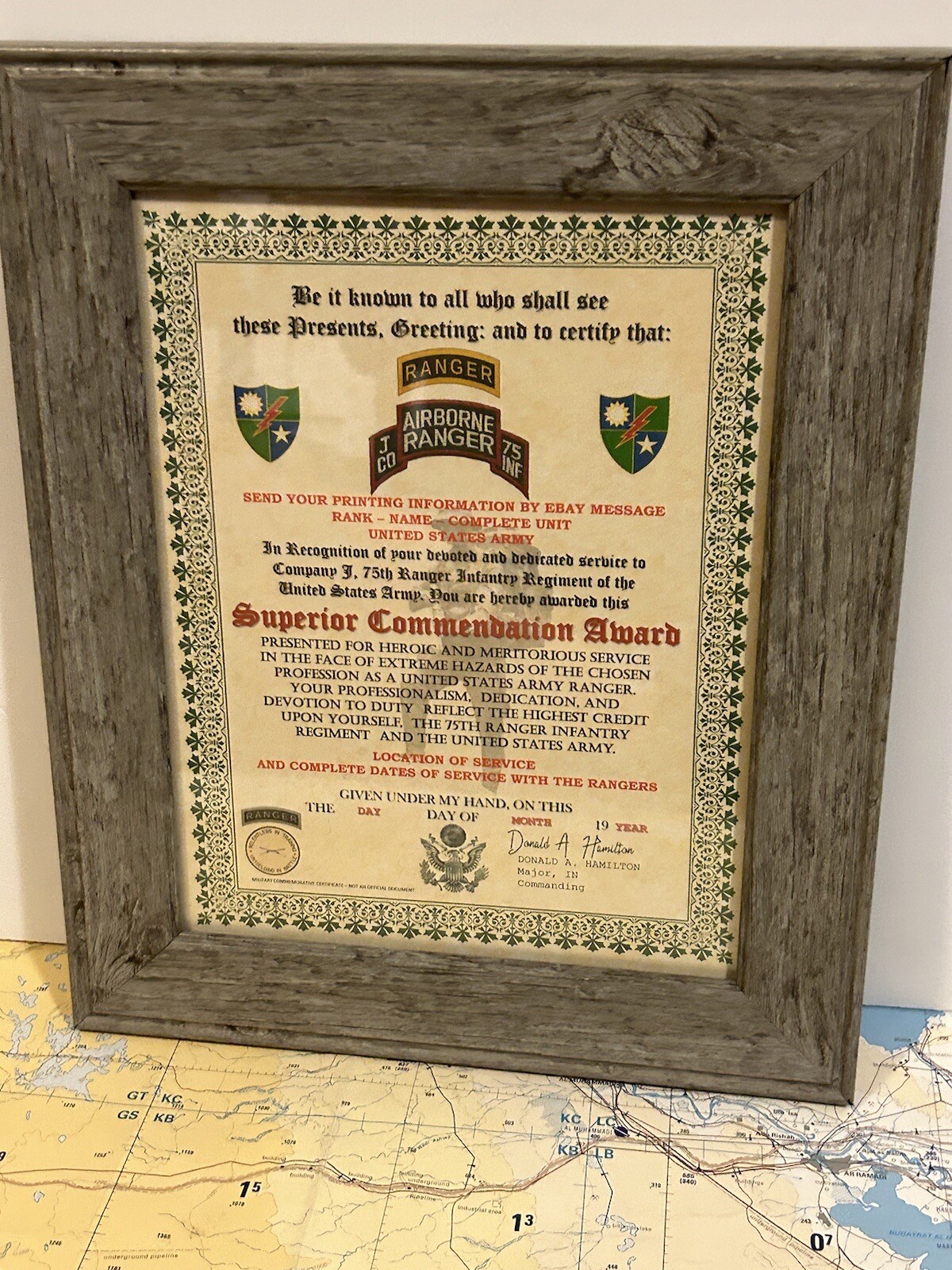 U.S. ARMY - 75TH RANGER / J CO - SUPERIOR COMMENDATION AWARD CERTIFICATE