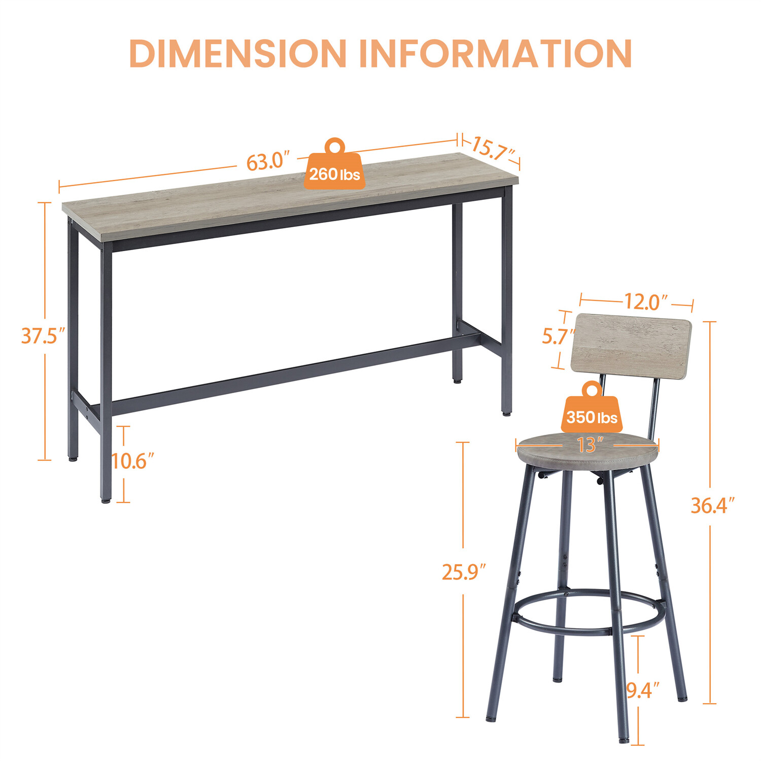 4-Piece Bar Table Set Counter Height Kitchen Pub Table with 3 Bar Stools Gray