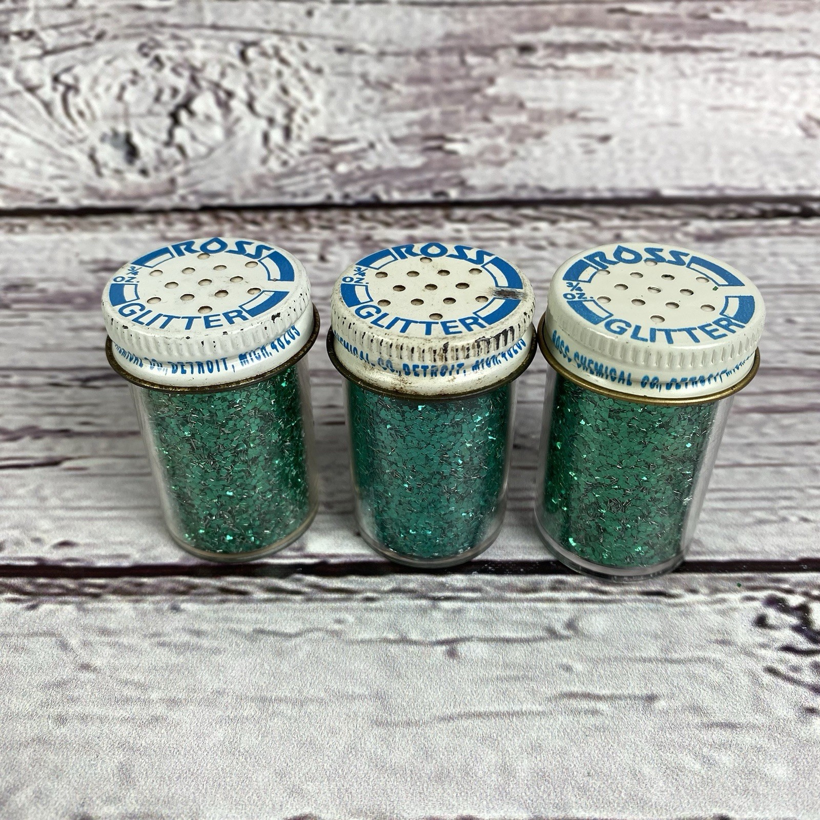 Vintage Ross Aluminum Glitter Emerald Green 3/4 oz Shaker Jar 1980's Lot of 3