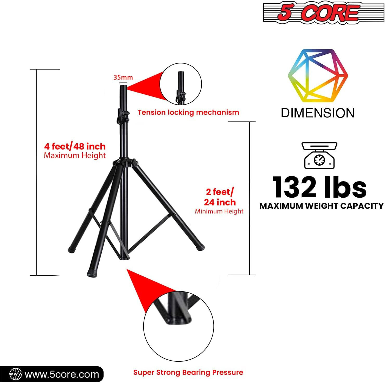 5Core Speaker Stand Tripod Floor Short Adjustable DJ Studio Monitor Stands