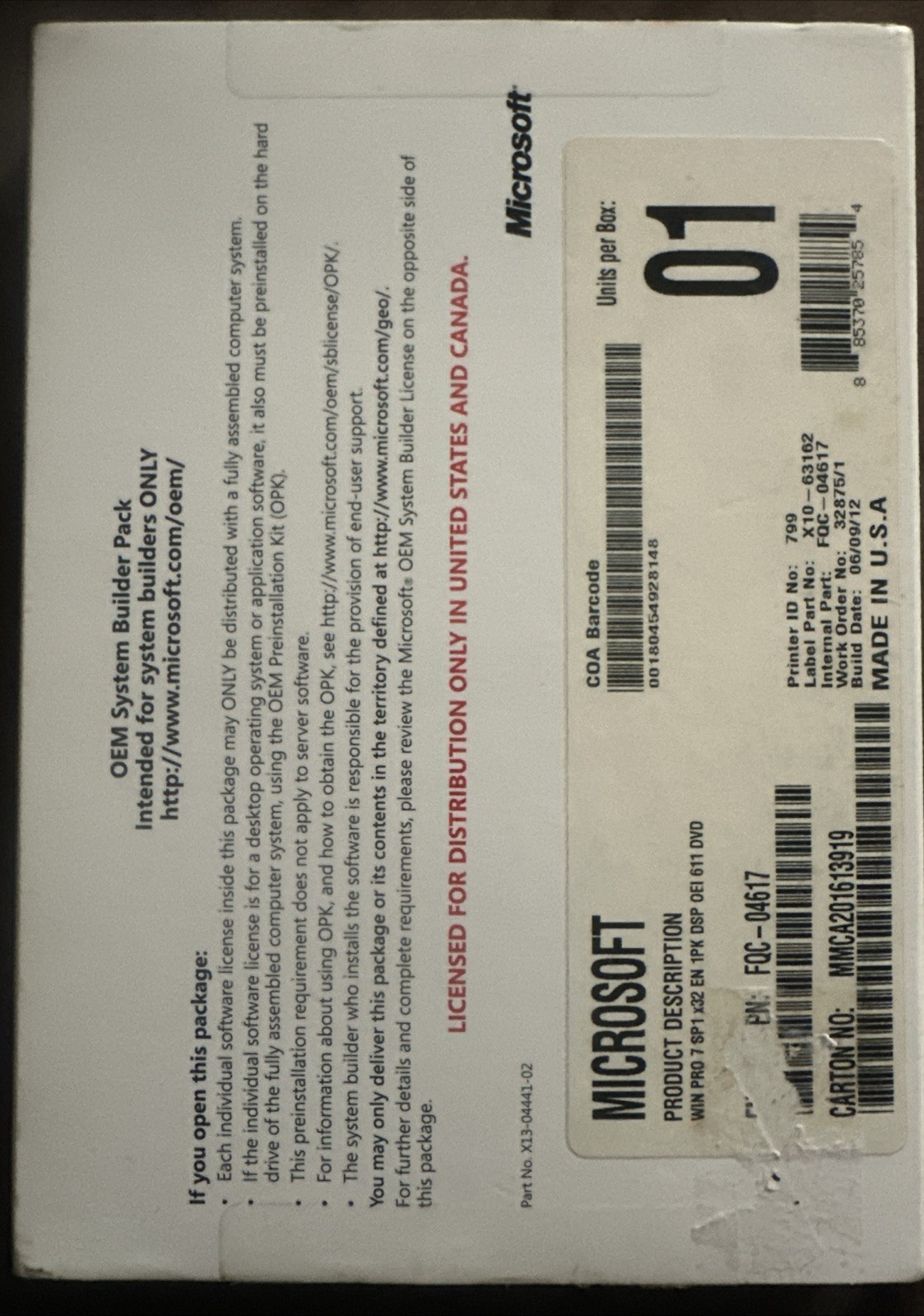 Windows 7 Professional 32-bit Installation DVD & OEM Product Key  UNUSED