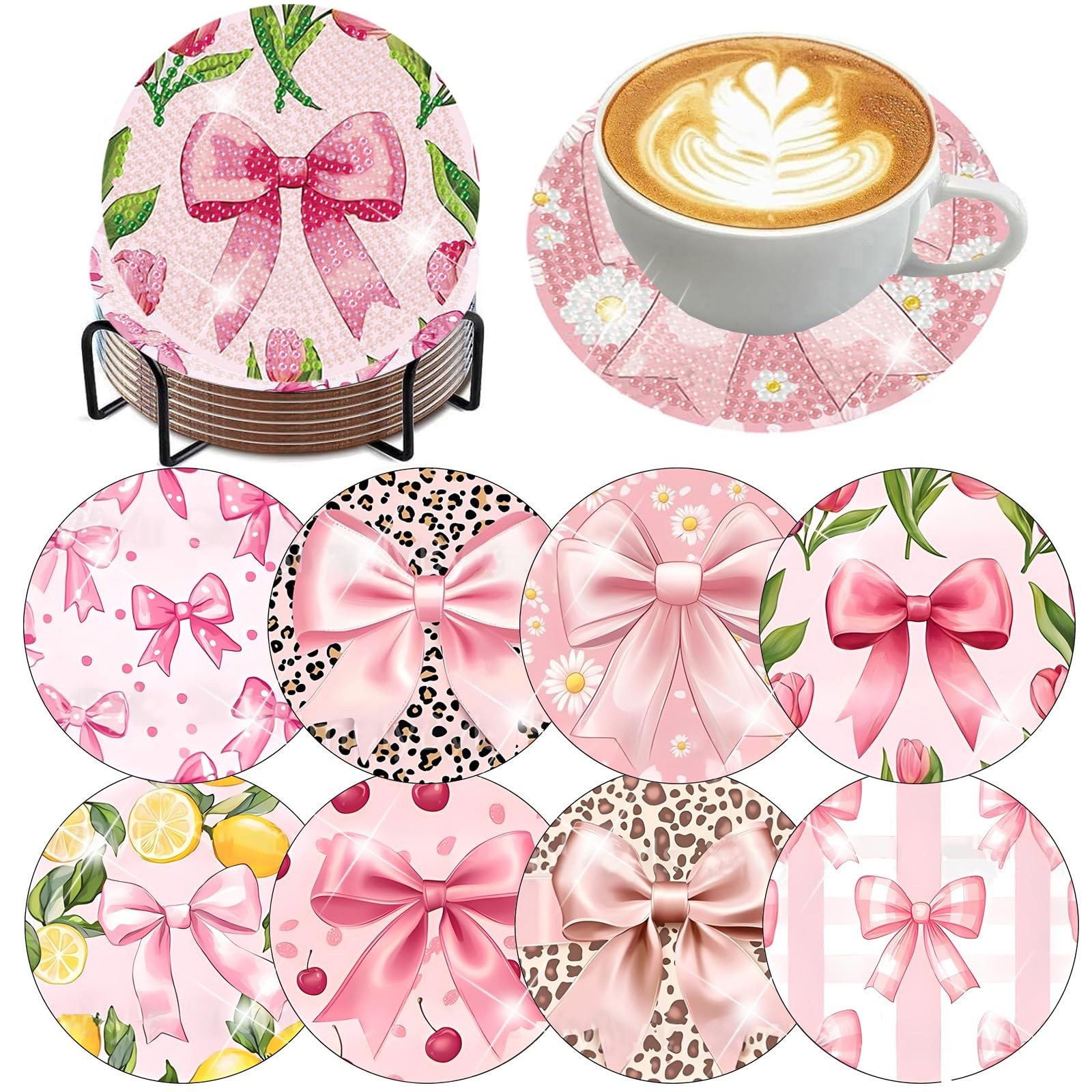 HHMATITS 8 Pcs Diamond Art Coasters Kit, Pink Bow 4x4in(10x10cm),