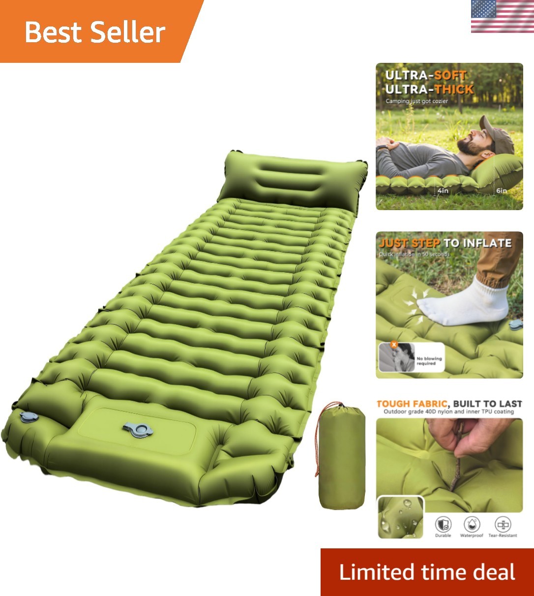 Sleeping Pad, Ultralight Inflatable Sleeping Pad for Camping with Pillow Buil...