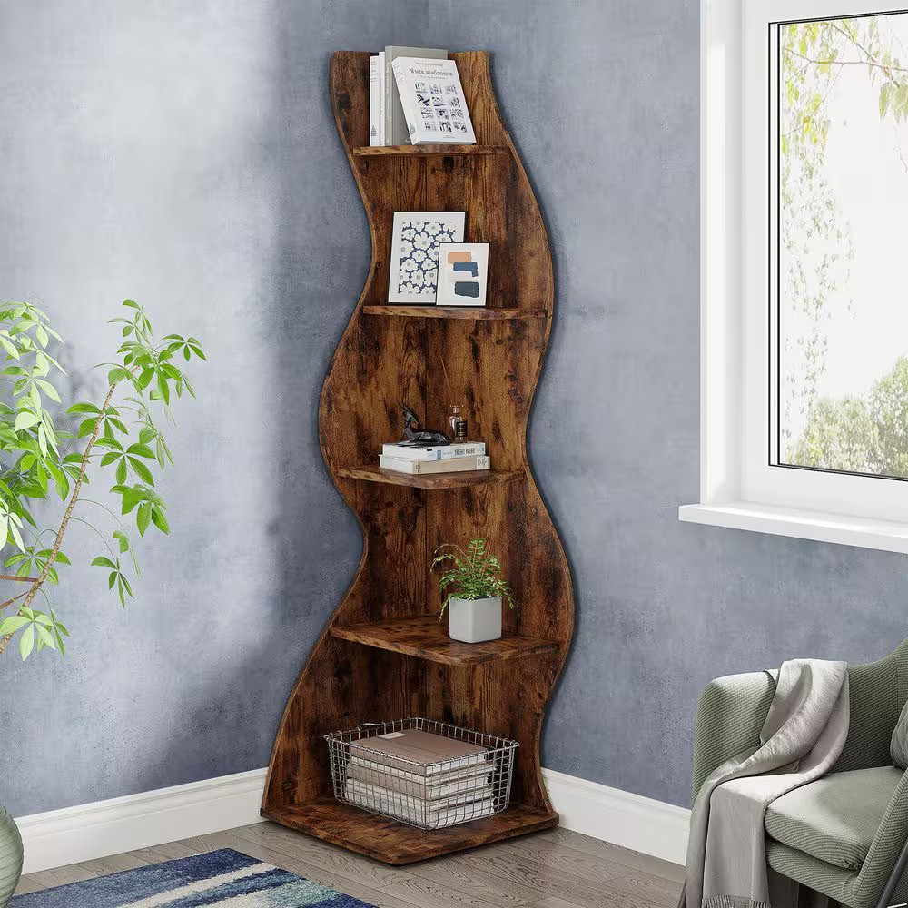 Eulas 69.8 In. Tall Brown Engineered Wood 5-Shelf Standard Bookcase Corner Sh...