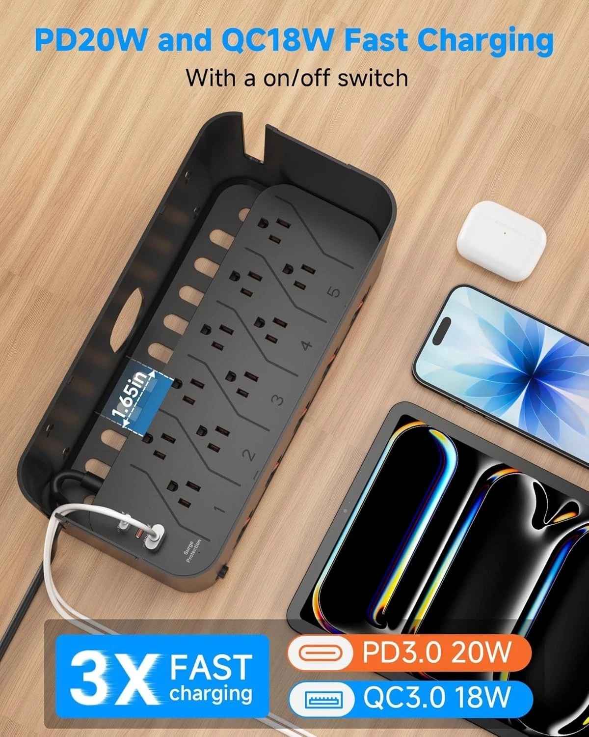 Black Power Strip Box: 10 AC + 3 USB Surge Protector, Cable Management, PD 20...