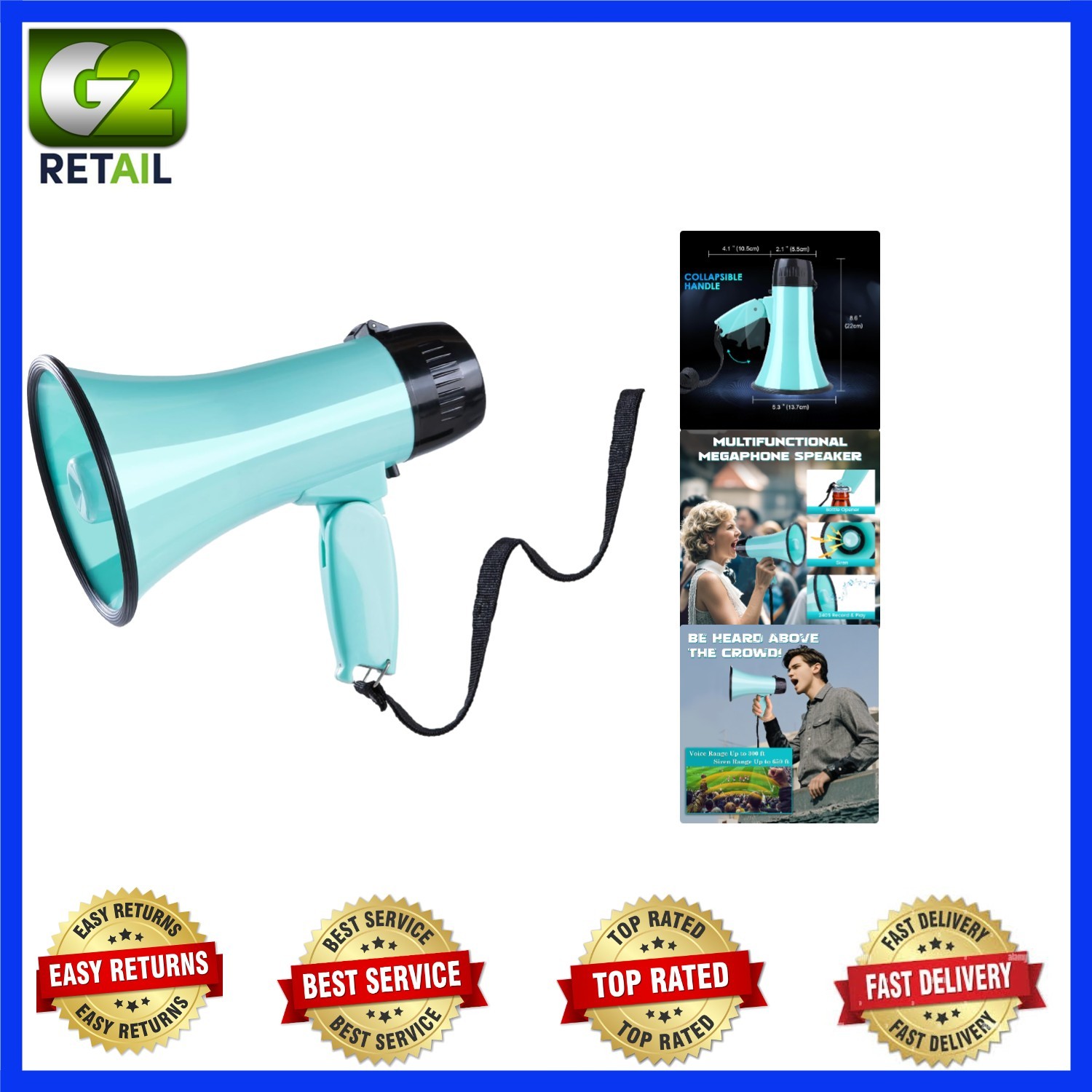 20W Teal Megaphone Bullhorn with Siren & Voice Recording for Indoor/Outdoor Use