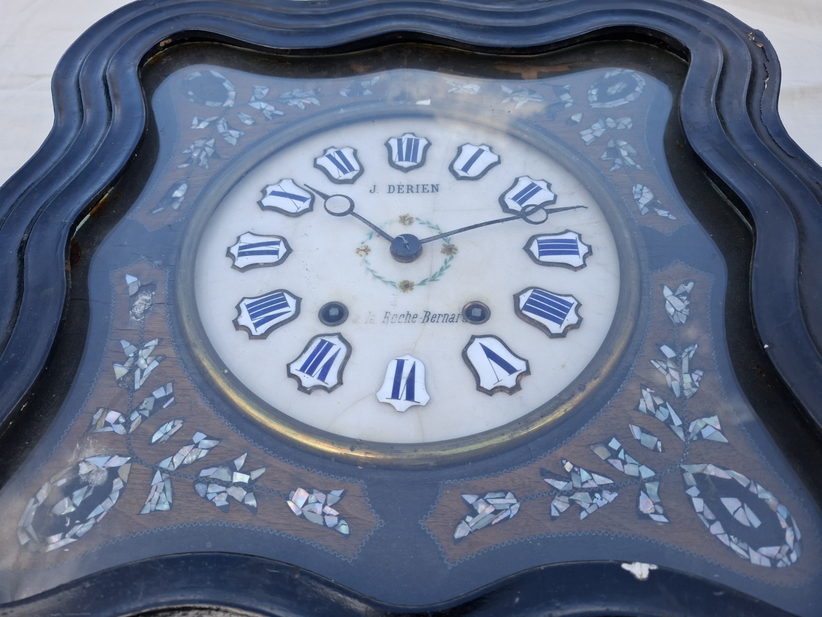 Antique 19th C. French Napoleon III Wall Clock-Mother of Pearl Inlay & Enamel