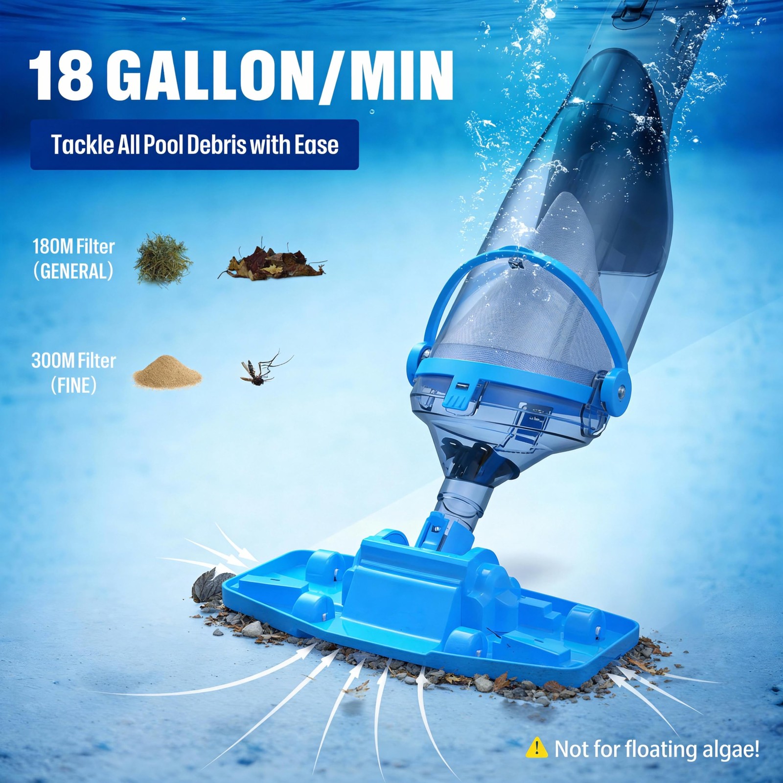 Handheld Pool Vacuum Quick charge & 80min Longer Continous Running Time Cordless
