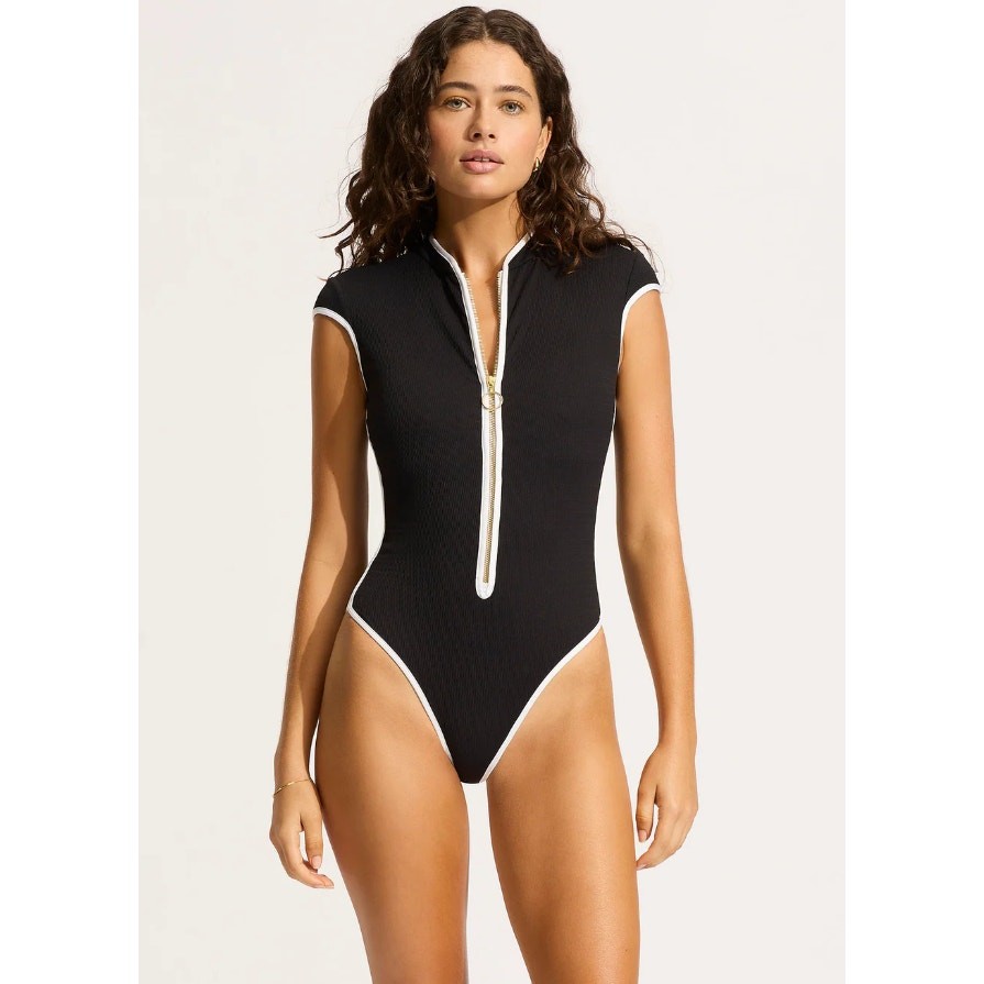 SEAFOLLY Women's Beach Bound One Piece Swimsuit Size 4 Black Zip Cap Sleeve NWT