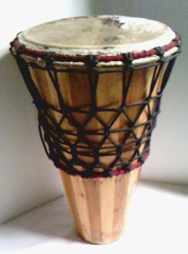 Vintage~Handmade~African Djembe Drum~20" Tall~Tapered~Goat Skin Head