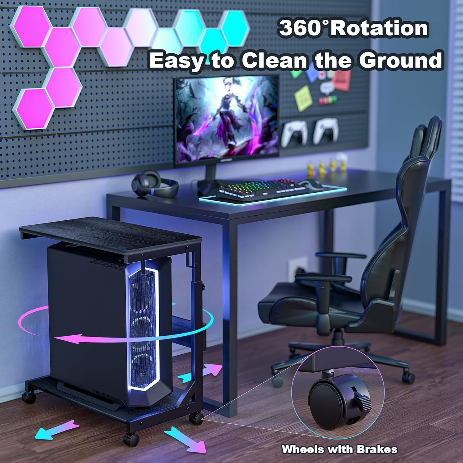 Height Adjustable PC Tower Stand with USB Charging & Locking Wheels