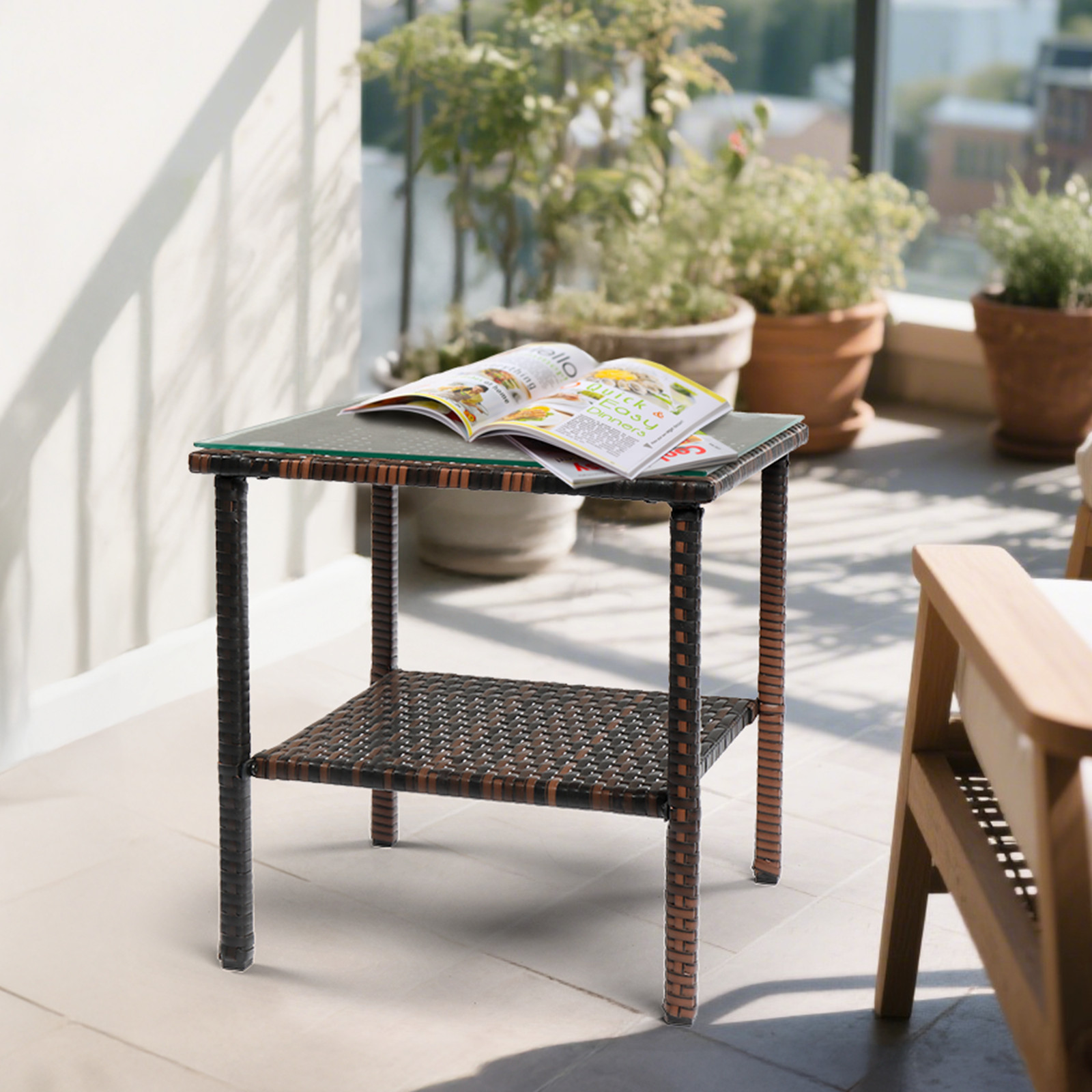 2 Layers Outdoor Patio Wicker 18 inch Square End Glass Rattan Coffee Table