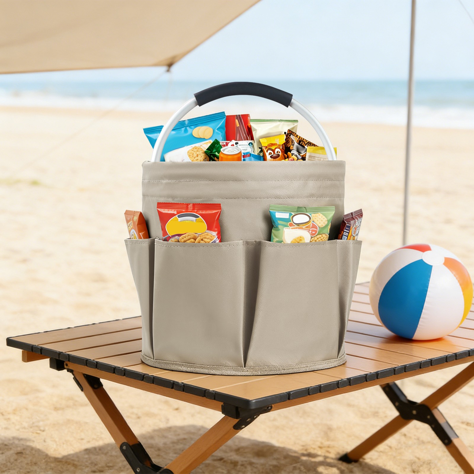 Portable Beach Basket Foldable Storage Caddy 6 Pockets For Camping Picnic Garden