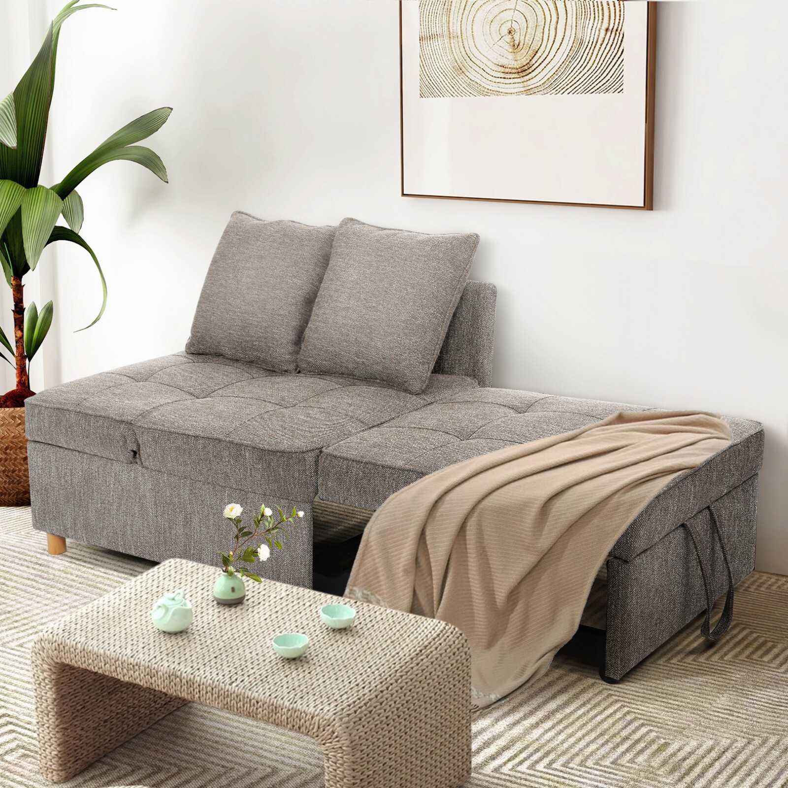 Folding Ottoman Sofa Bed Chair 4-in-1 Sleeper Sofa Adjustable Backrest+2 Pillows