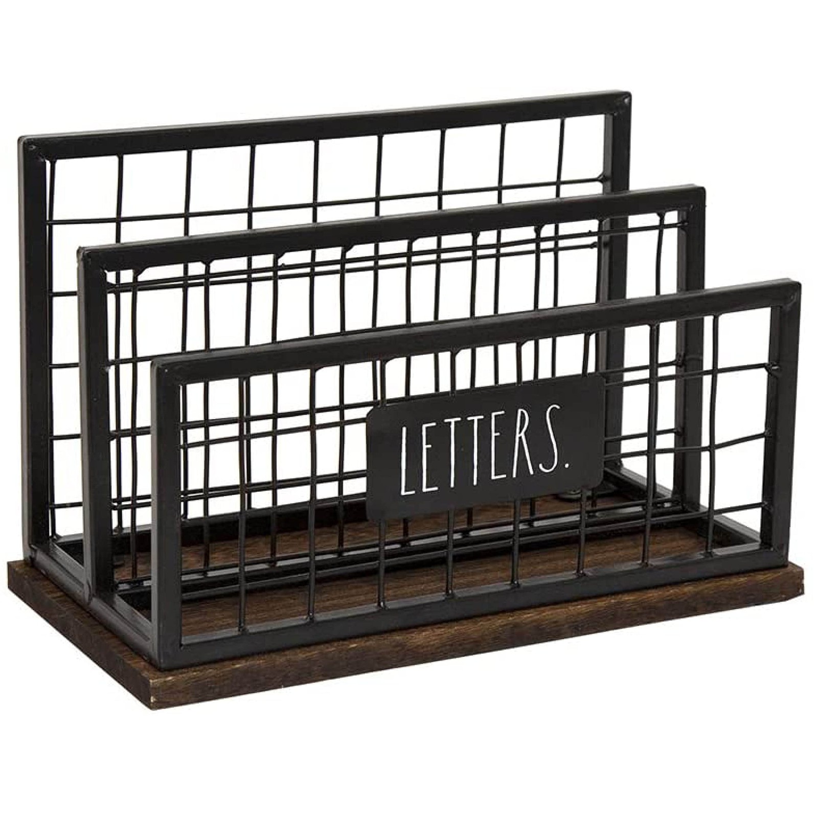 Rae Dunn Letter Holder – 2-Compartment Mail Organizer, Wood & Steel, “Letters”