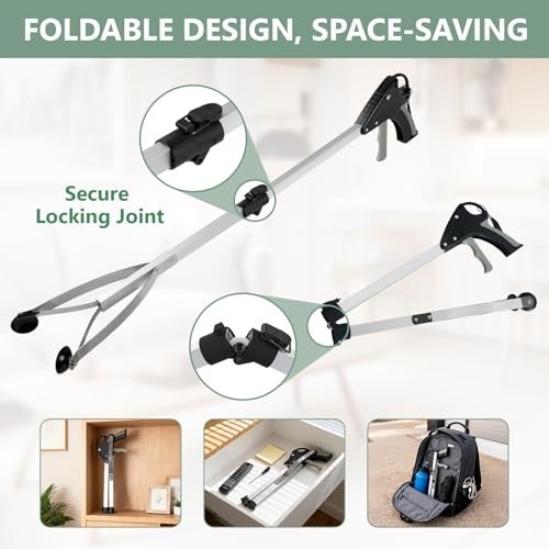 32" Foldable Grabber Tool 2-Pack - Heavy Duty Suction Cup Grip, Trash Picker for
