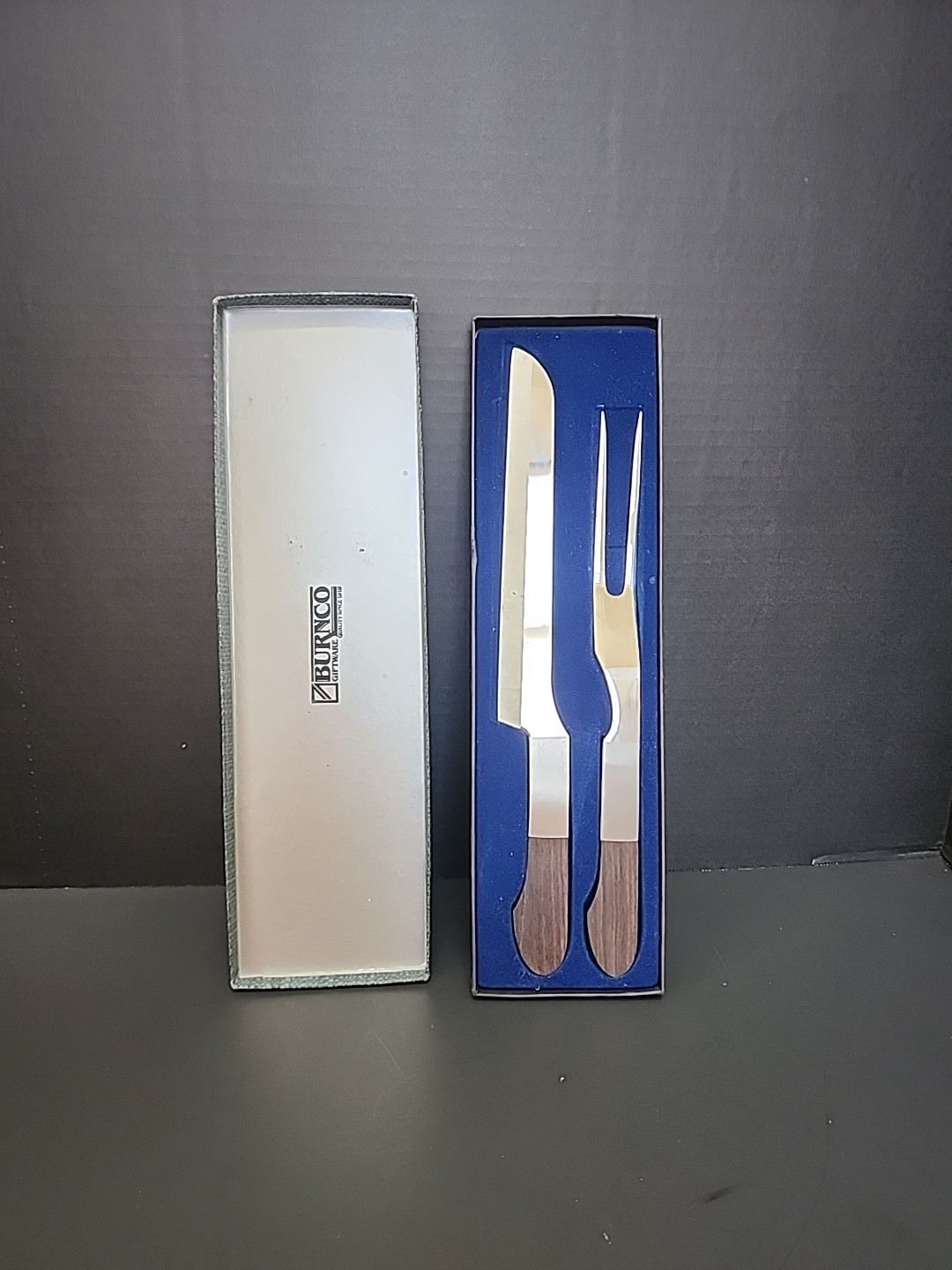 Vintage MCM Burnco Knives Carving Set Stainless Steel Made In Japan Wood Handles