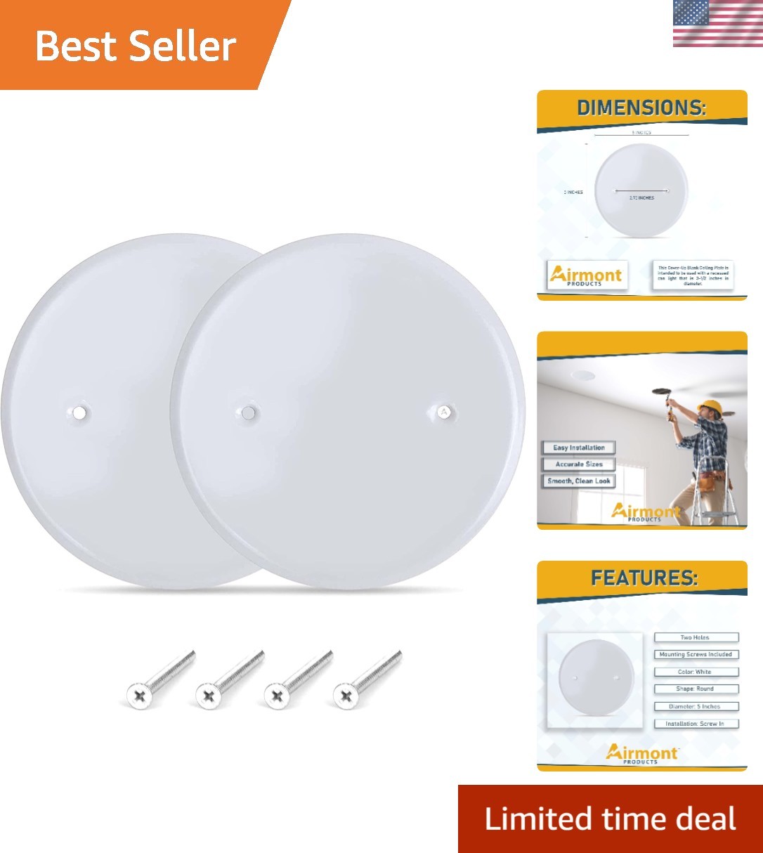 Clean & Modern 5-Inch White Metal Ceiling Covers for Electrical Boxes - 2 Pack