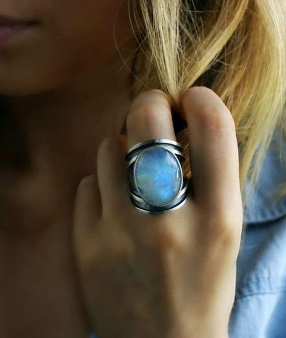 CHWLNJN Vintage Thai Silver Ring Natural Multi-Color Moonstone 9,