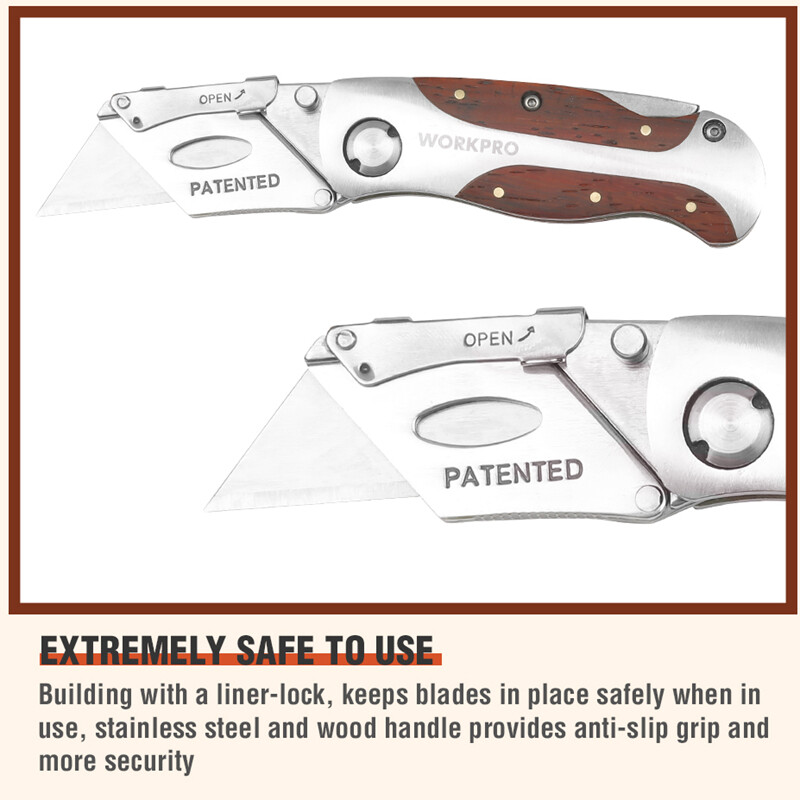 WORKPRO Folding Utility Knife Quick-Change Box Cutter Retro Wood Grain Handle US