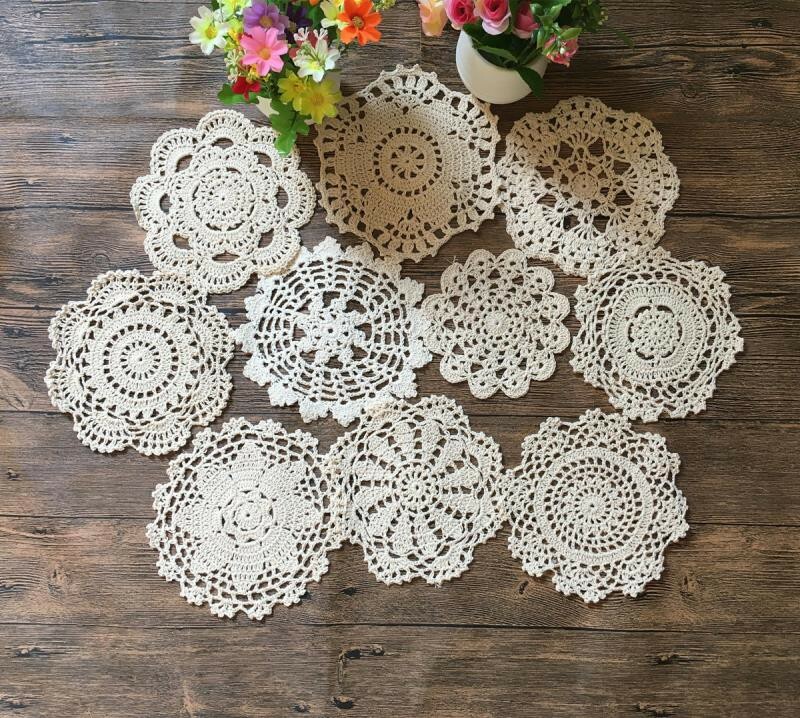 Set of 10 Cotton Hand Crochet Doilies Lace Beige 6-7 Inches Round Vintage