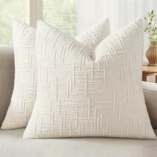 Textured Throw Pillow Covers Thick Chenille 18" x 18" (Pack of 2) Cream White