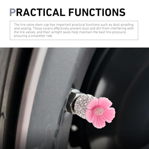 4 PCS Bling Tire Valve Stem Caps, Shiny Rhinestone Flower Car Air 1 PCS Pink