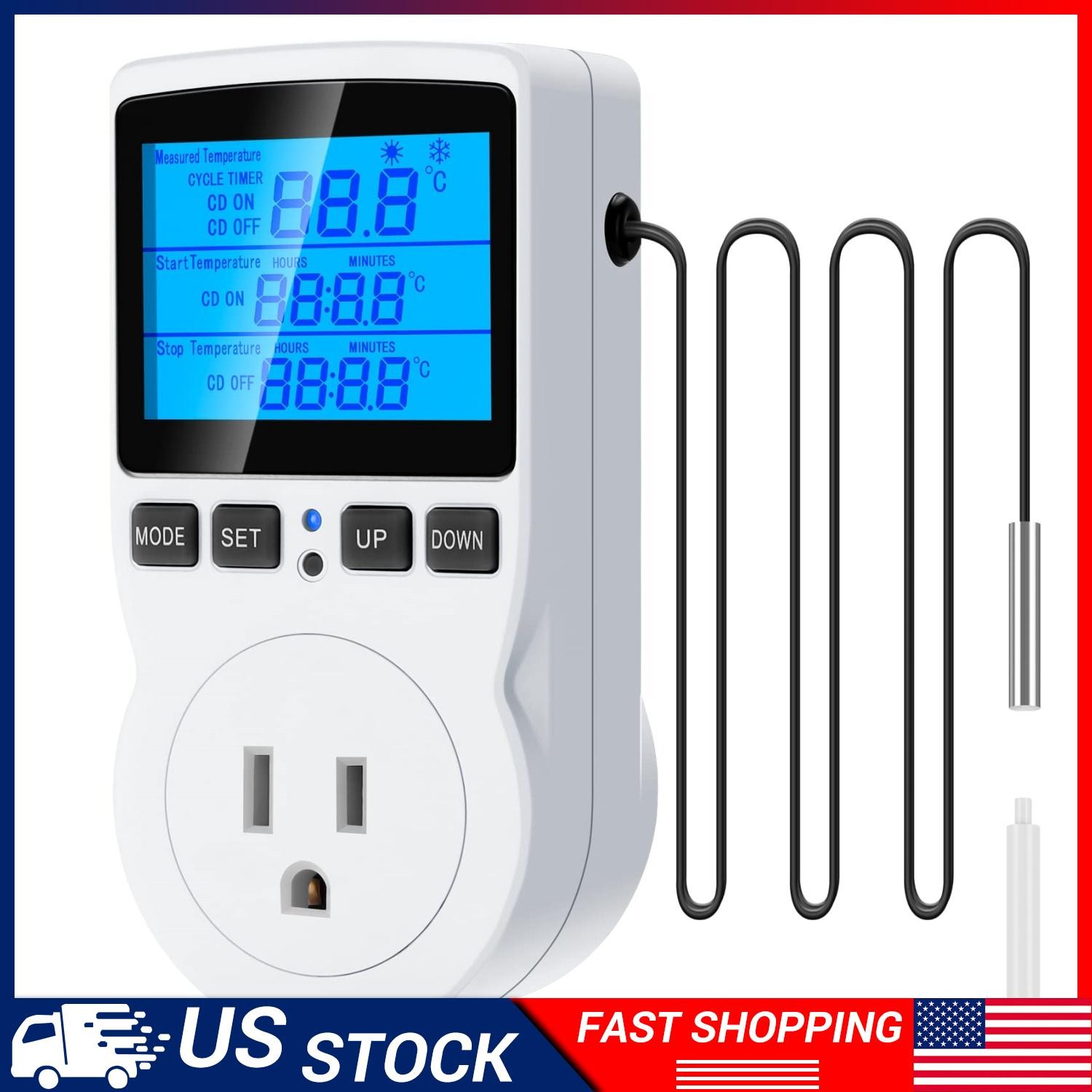 Digital Thermostat Outlet Plug Temperature Controller Heating Cooling & Probe
