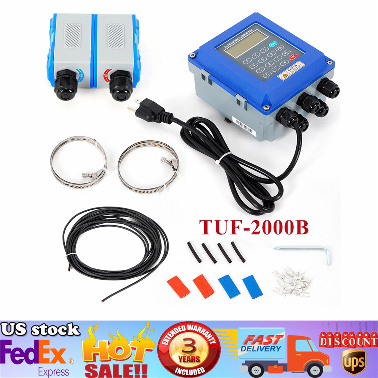 TUF-2000B Wall Mounted Ultrasonic Flowmeter Digital Host Water Flow Meter Set US