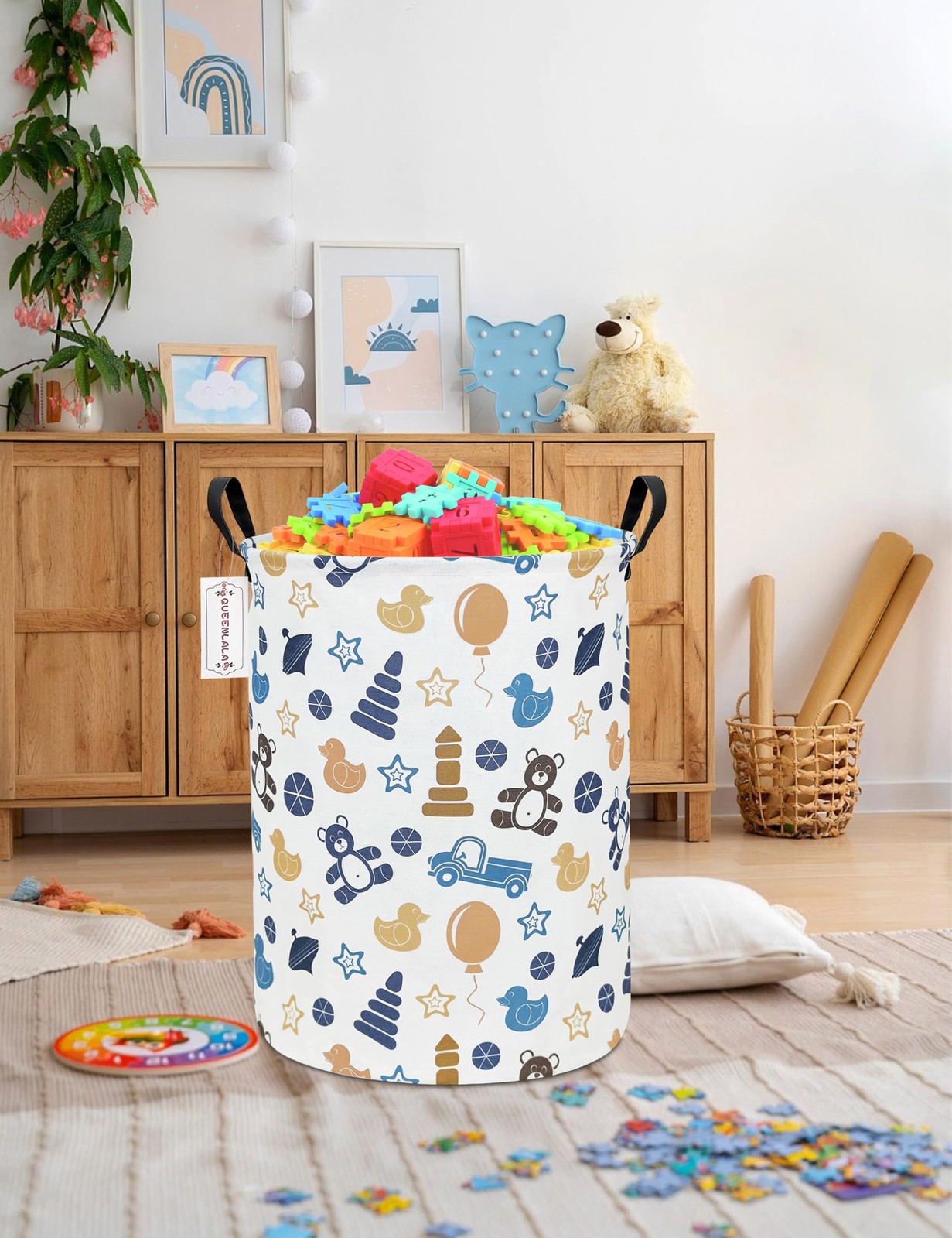 Large Round Collapsible Storage Basket Laundry Hamper Colorful Bear Decor