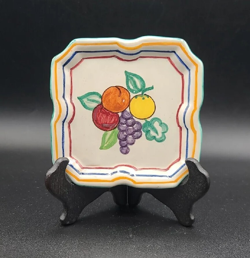 Vtg Fruit Square Trinket Dish Hand Painted, Signed made in ITALY 4.5"