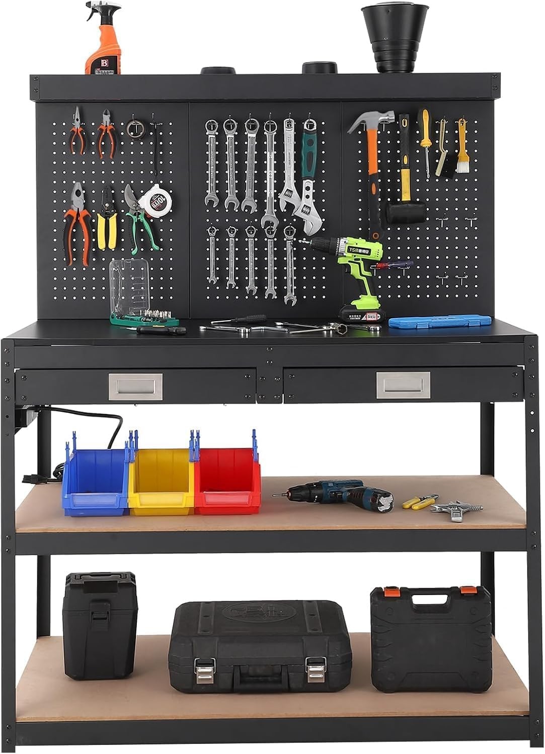 48" Workbench Multipurpose Garage Worktable w/ Pegboard Power Outlets & Drawers