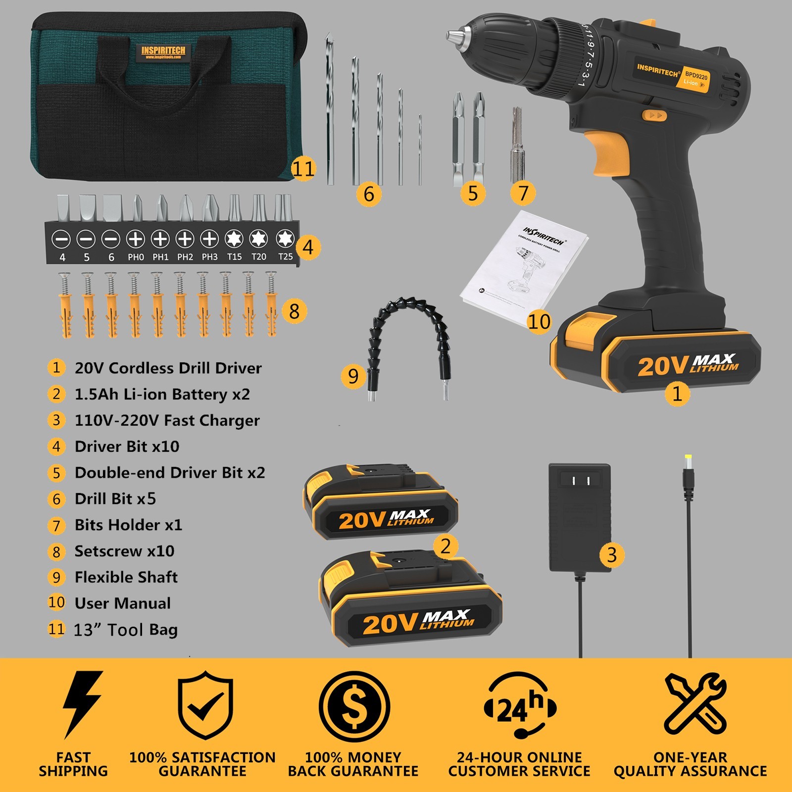 Inspiritech BPD9220 20V Cordless Keyless Chuck Drill