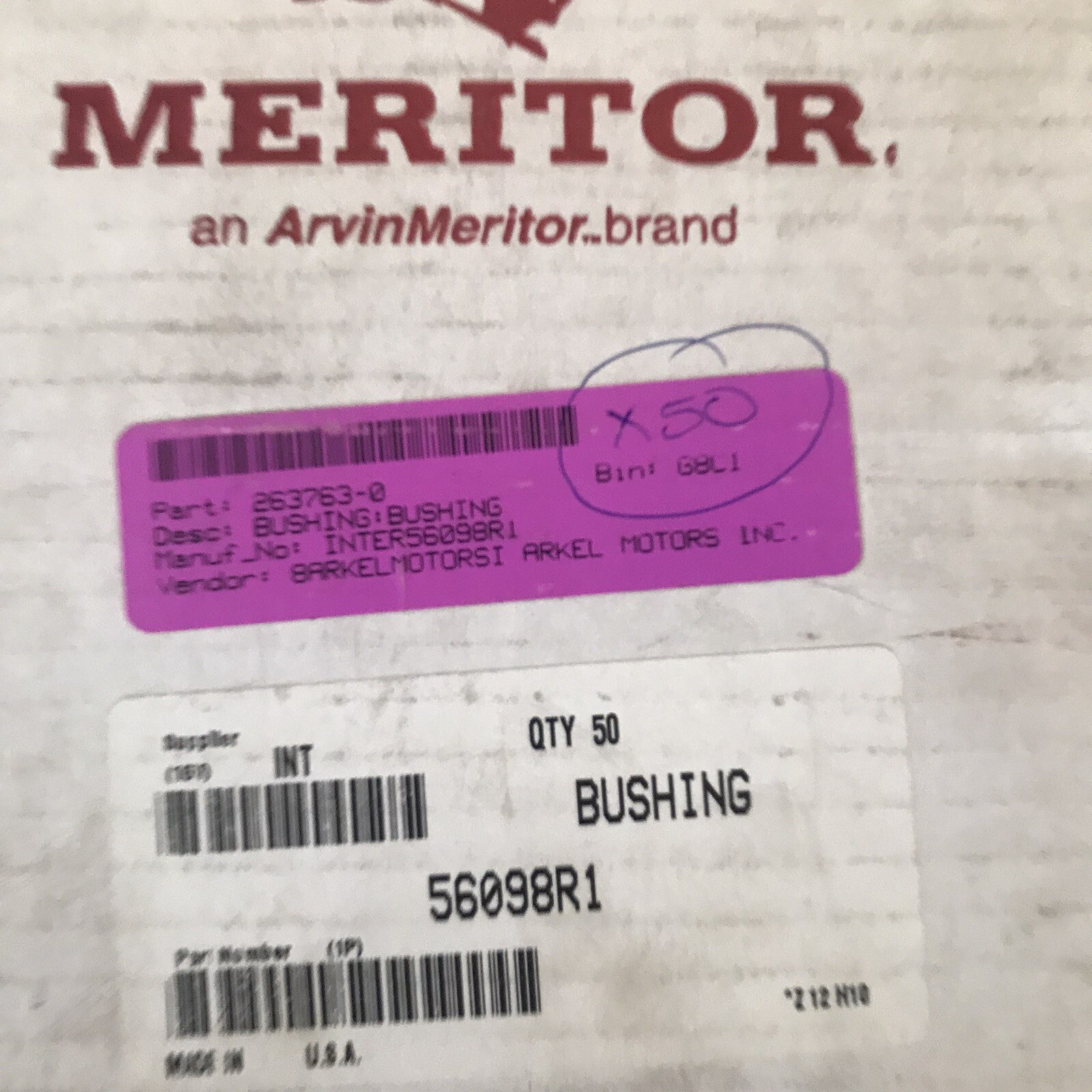 Meritor Brake Pin Bushing 1225F266, International # 56098R1 BOX OF 50