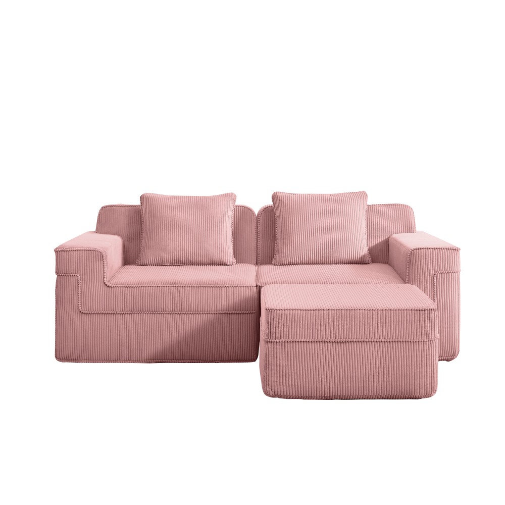 Modular 2-Seat Cloud Sofa w/ Ottoman & Pillows, Pink Corduroy