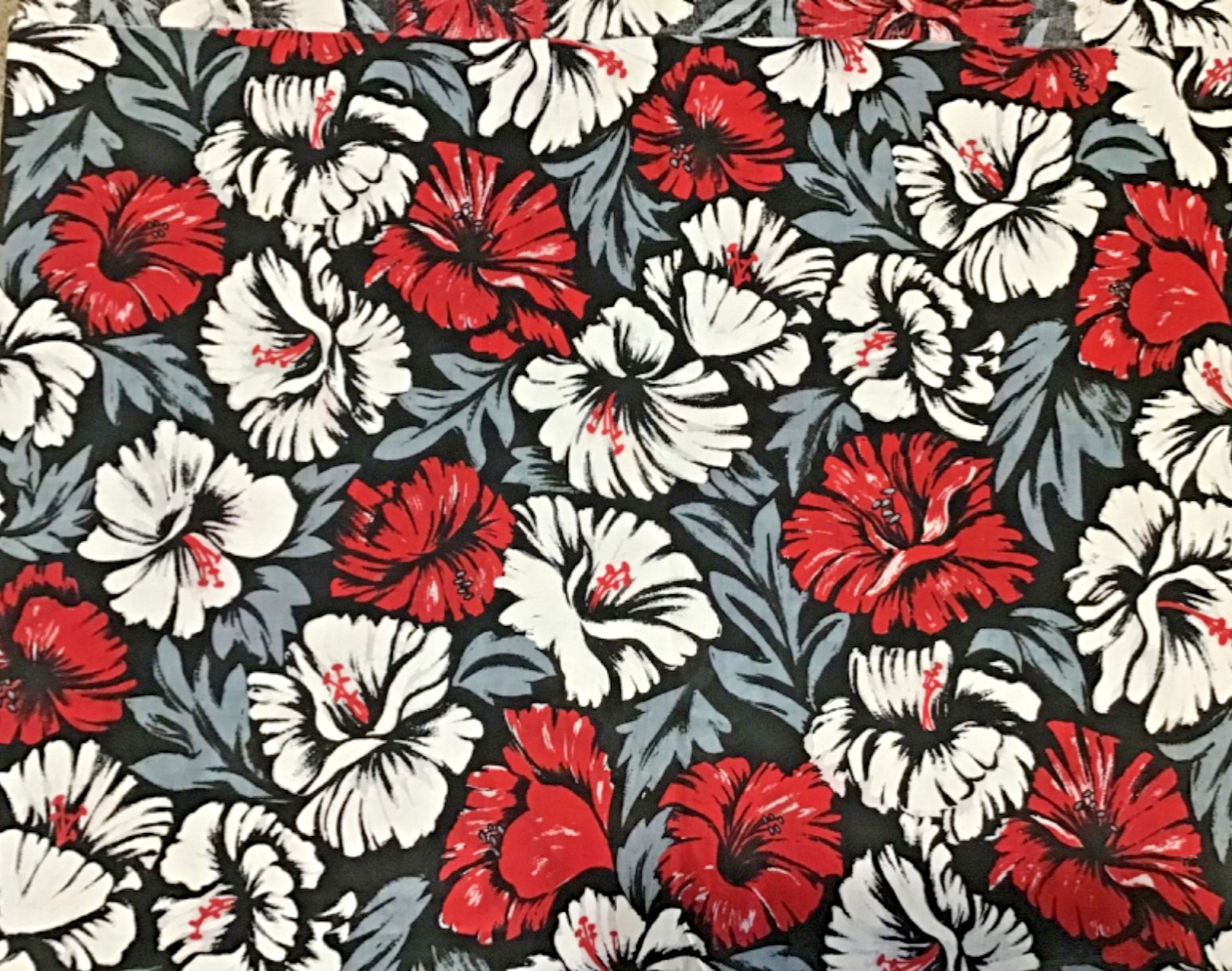 NOS Cotton Floral Fabric 3 2/3 yds x 58" Wide Red & White Flowers Grey Leaves