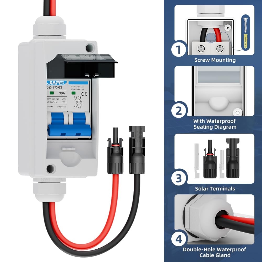 Solar Panel Disconnect Switch 30 Amp 400V Breaker Box, PV DC Miniature Circui...