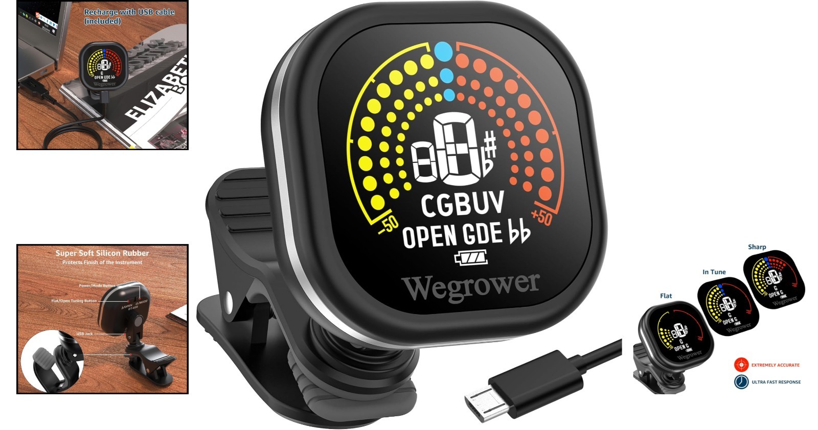 Versatile LCD Color Guitar Tuner - Rechargeable, Compact, Multi-Instrument Use